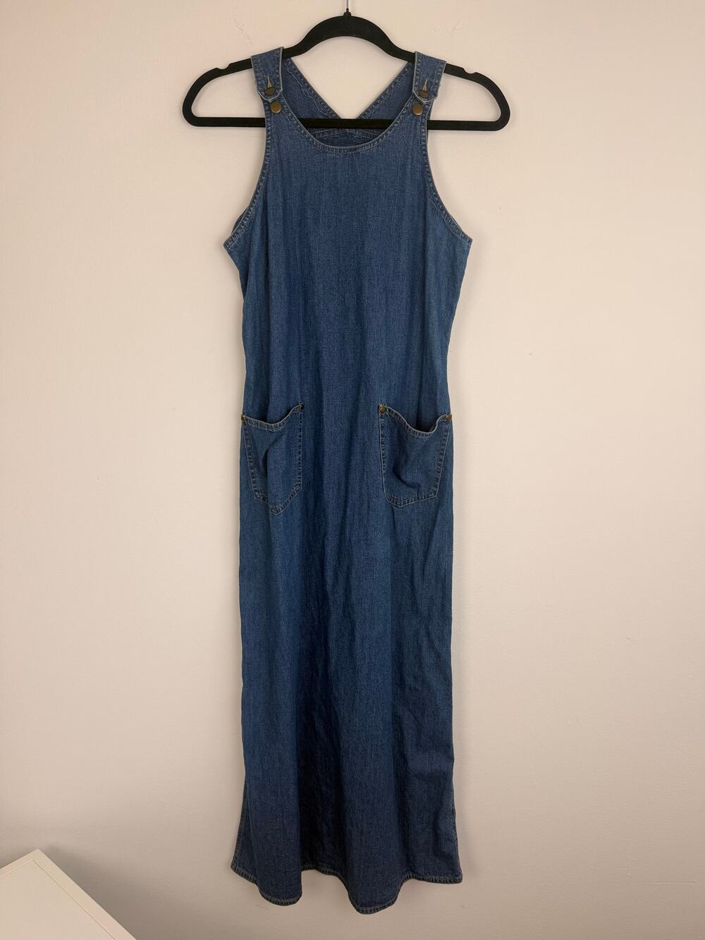 Vintage Petite Sophisticate Womens Denim Overall Maxi Blue Sleeveless Dress 2